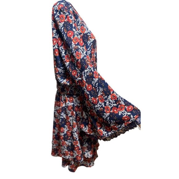 A Beautiful Soul Boho Floral Dress L Navy Red Bell Sleeve Flowy - Picture 4 of 10